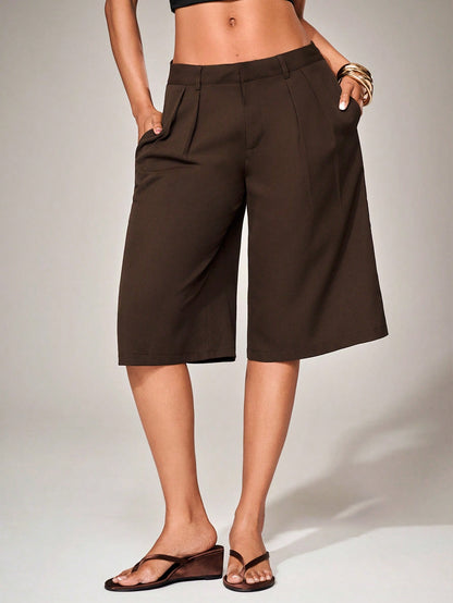 Radiana Casual Coffee Brown Woven Fabric Bermuda Shorts For Women Wide Leg Plain Zipper Detail