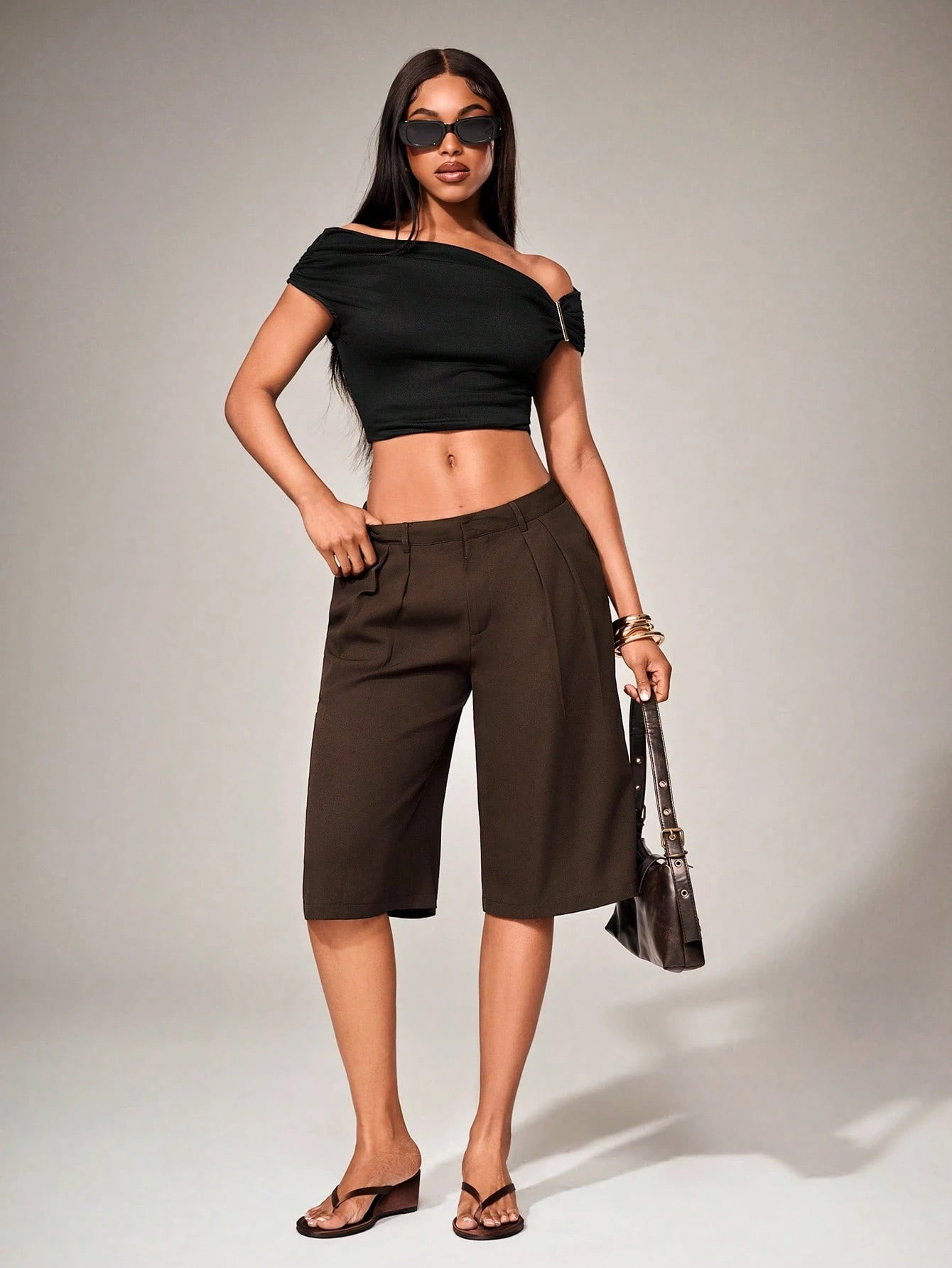 Radiana Casual Coffee Brown Woven Fabric Bermuda Shorts For Women Wide Leg Plain Zipper Detail