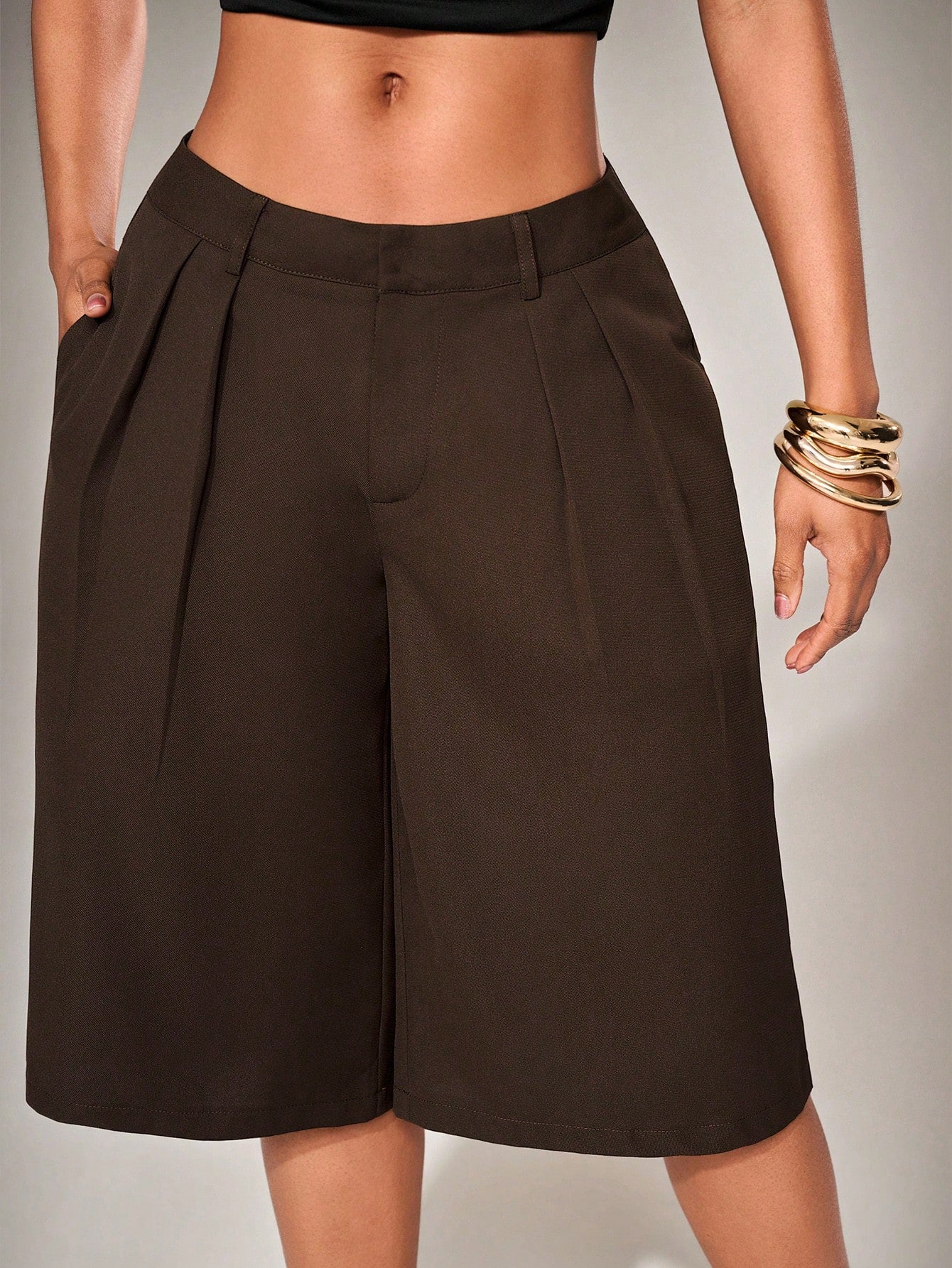 Radiana Casual Coffee Brown Woven Fabric Bermuda Shorts For Women Wide Leg Plain Zipper Detail