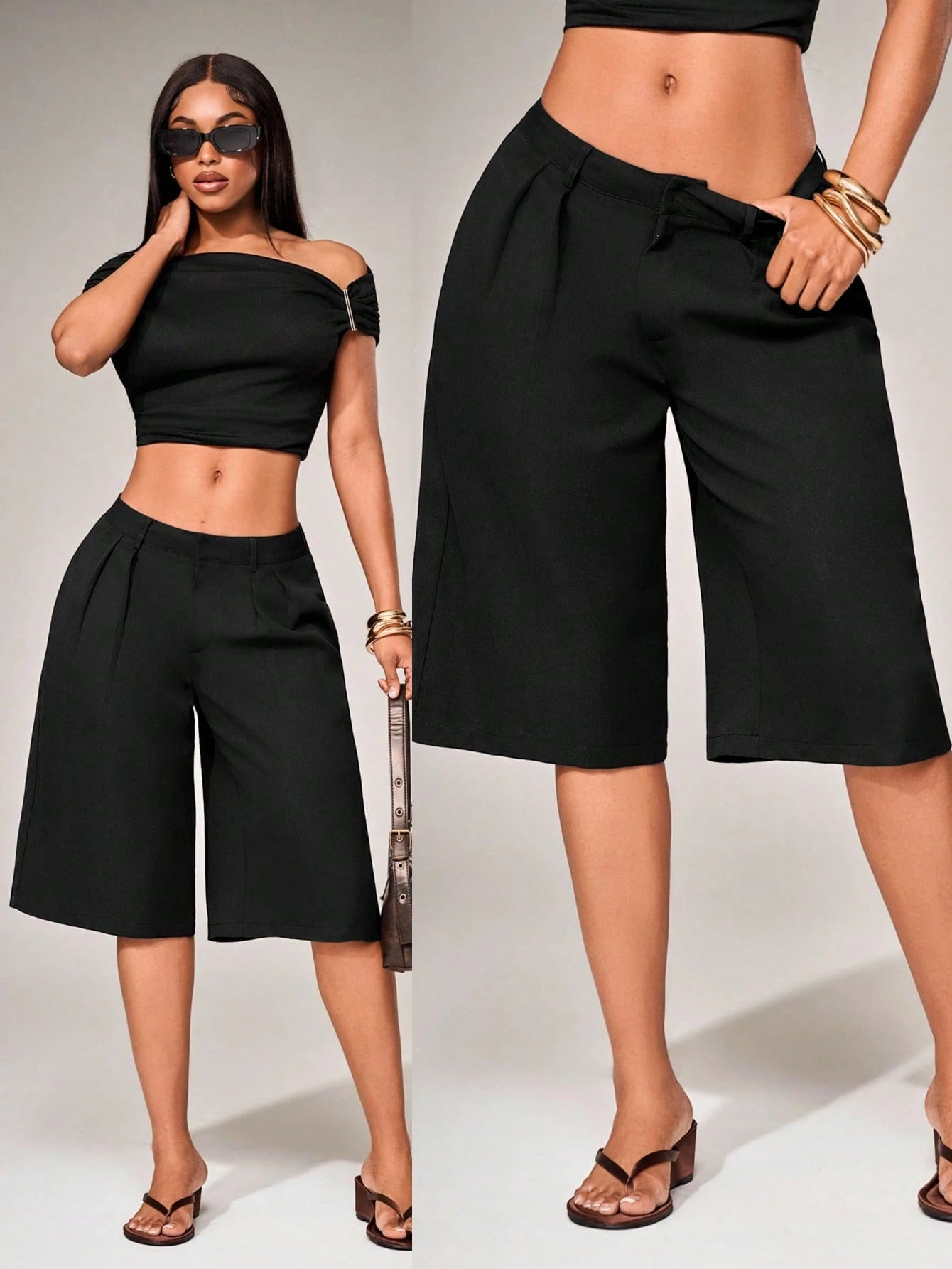 Radiana Casual Coffee Brown Woven Fabric Bermuda Shorts For Women Wide Leg Plain Zipper Detail