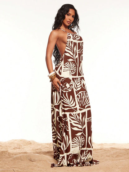 Radiana Women's Brown Floral Summer Boho Tropical Beach Vacation Holiday Linen-Feel Dress, Beaded Backless Spaghetti Strap Ocean Print Loose Casual Dress
