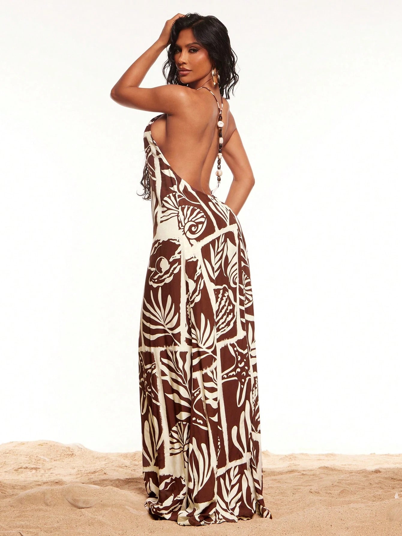 Radiana Women's Brown Floral Summer Boho Tropical Beach Vacation Holiday Linen-Feel Dress, Beaded Backless Spaghetti Strap Ocean Print Loose Casual Dress