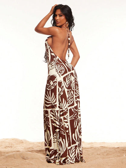 Radiana Women's Brown Floral Summer Boho Tropical Beach Vacation Holiday Linen-Feel Dress, Beaded Backless Spaghetti Strap Ocean Print Loose Casual Dress