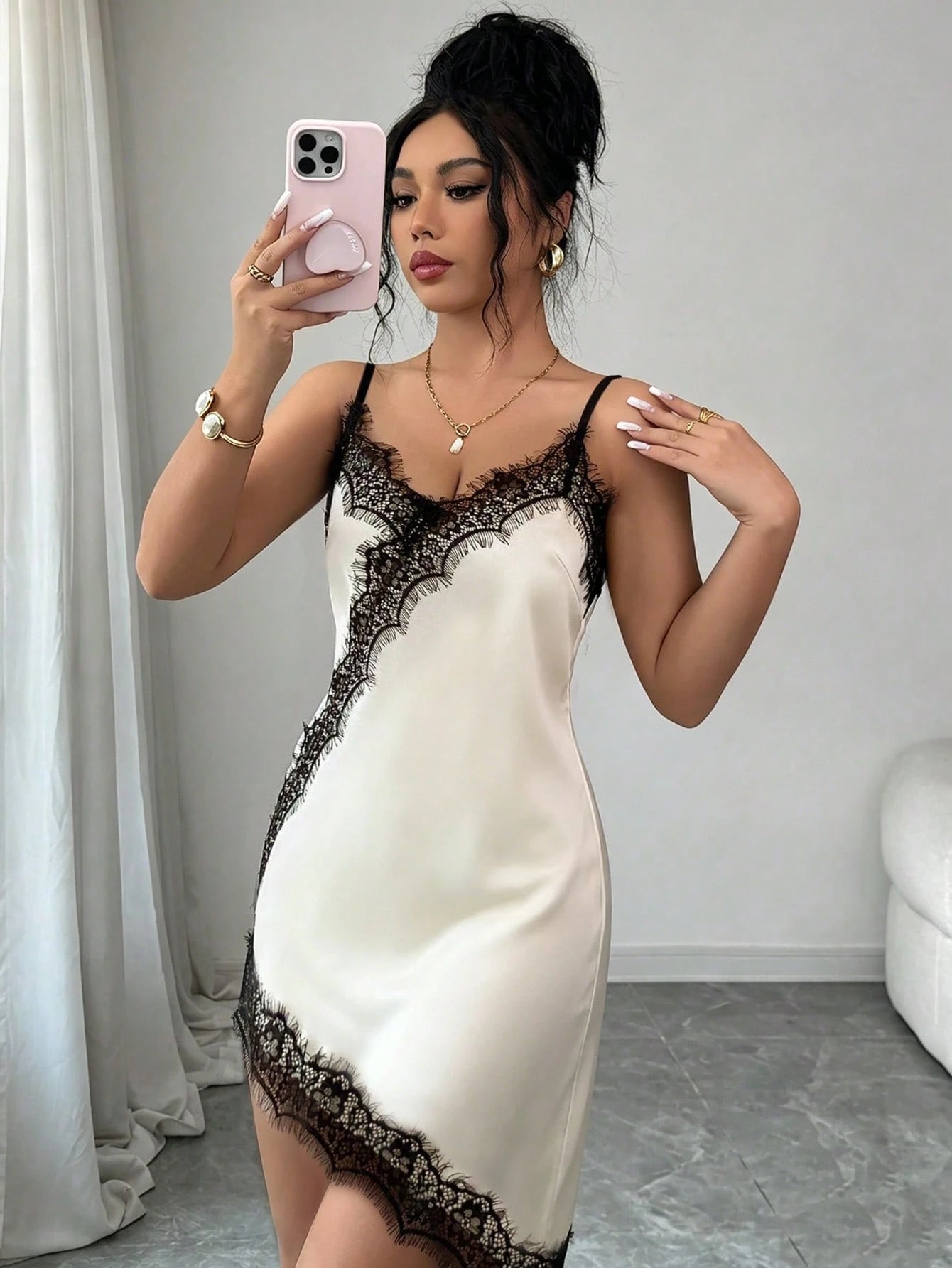 Rafferiza Women's Elegant Lace Patchwork Satin Slip Dress, Suitable For Vacation And Dates