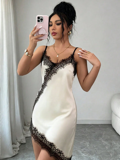 Rafferiza Women's Elegant Lace Patchwork Satin Slip Dress, Suitable For Vacation And Dates