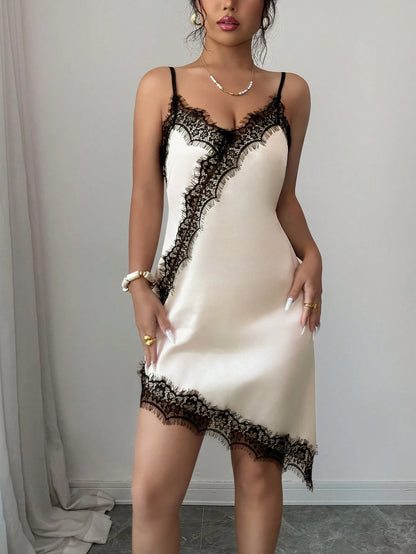 Rafferiza Women's Elegant Lace Patchwork Satin Slip Dress, Suitable For Vacation And Dates