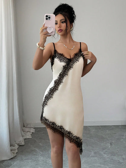 Rafferiza Women's Elegant Lace Patchwork Satin Slip Dress, Suitable For Vacation And Dates