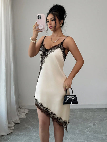 Rafferiza Women's Elegant Lace Patchwork Satin Slip Dress, Suitable For Vacation And Dates