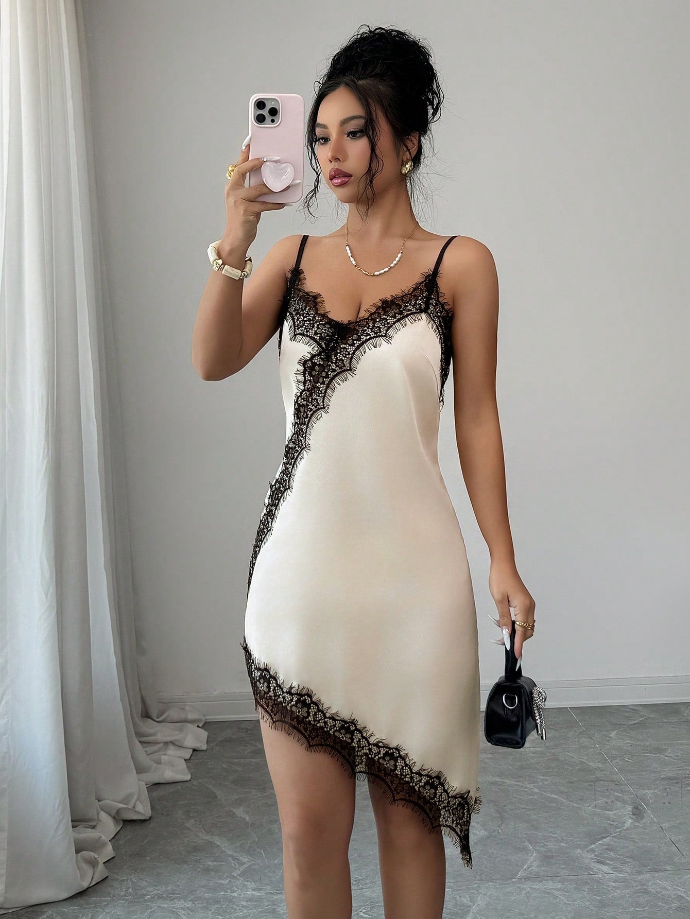 Rafferiza Women's Elegant Lace Patchwork Satin Slip Dress, Suitable For Vacation And Dates