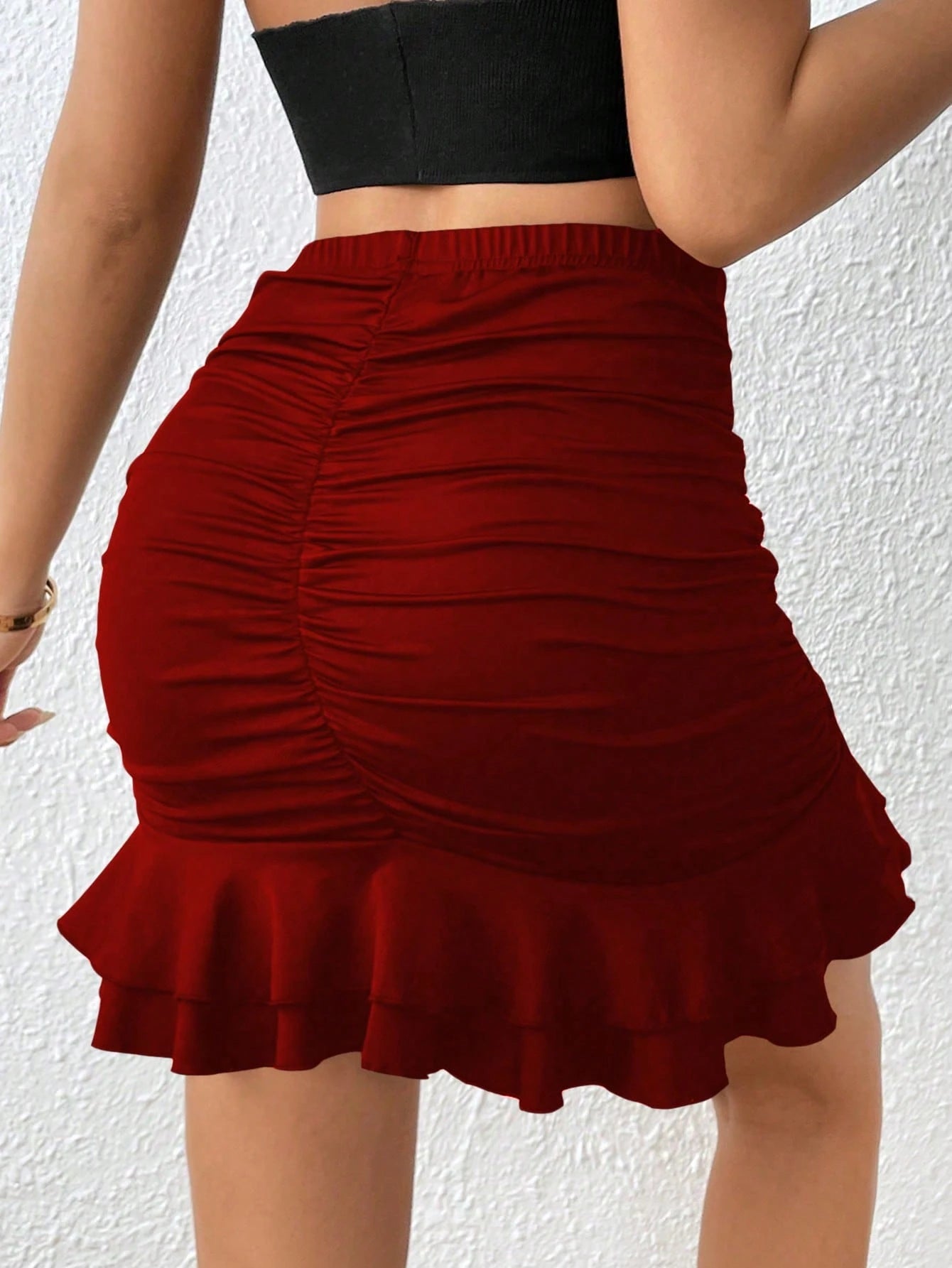 Rafferiza Women Solid Color Ruffle Hem Bodycon Mini Skirt