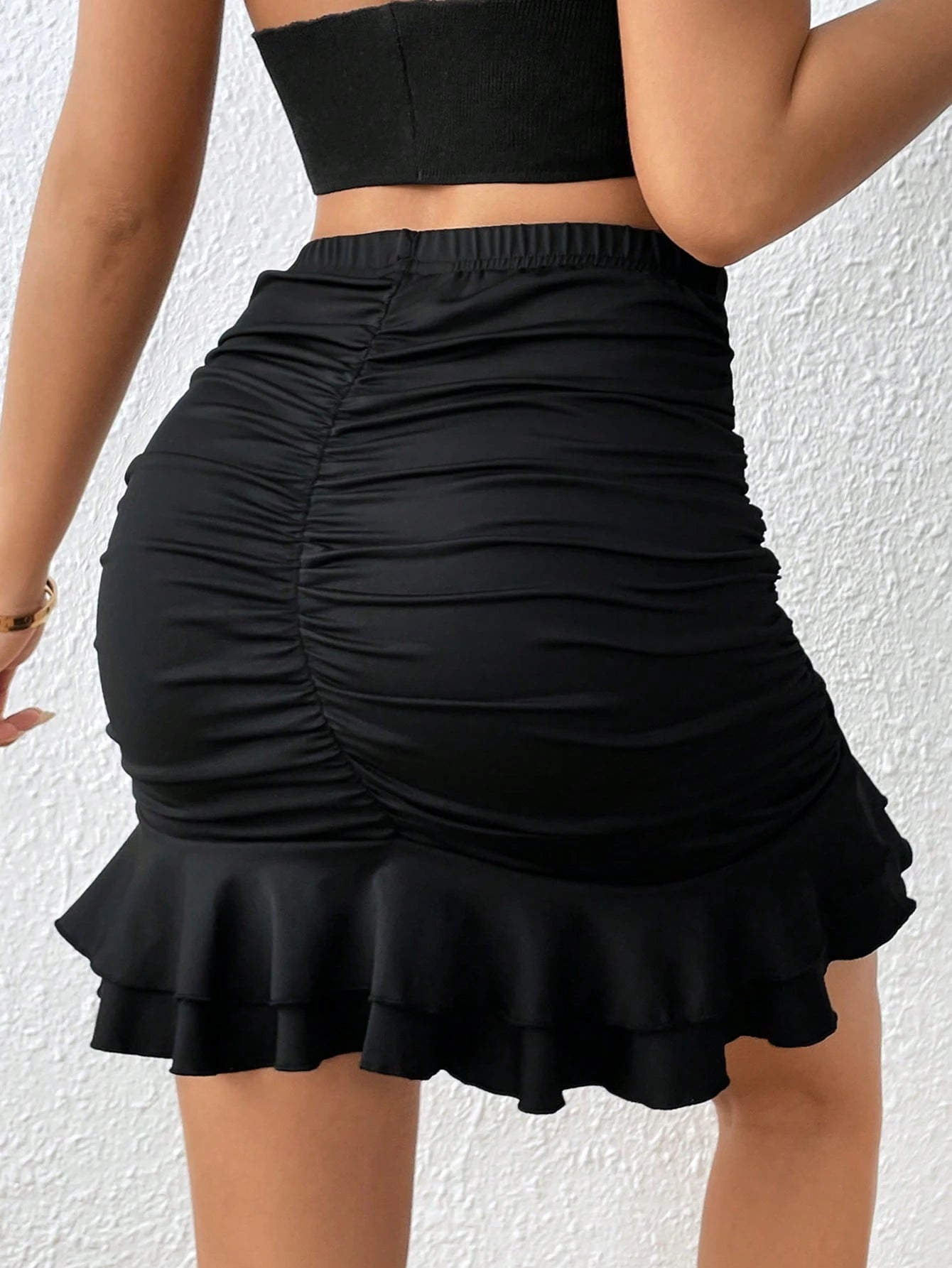 Rafferiza Women Solid Color Ruffle Hem Bodycon Mini Skirt