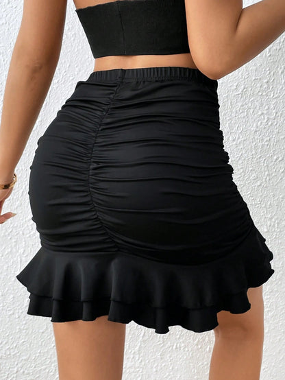 Rafferiza Women Solid Color Ruffle Hem Bodycon Mini Skirt