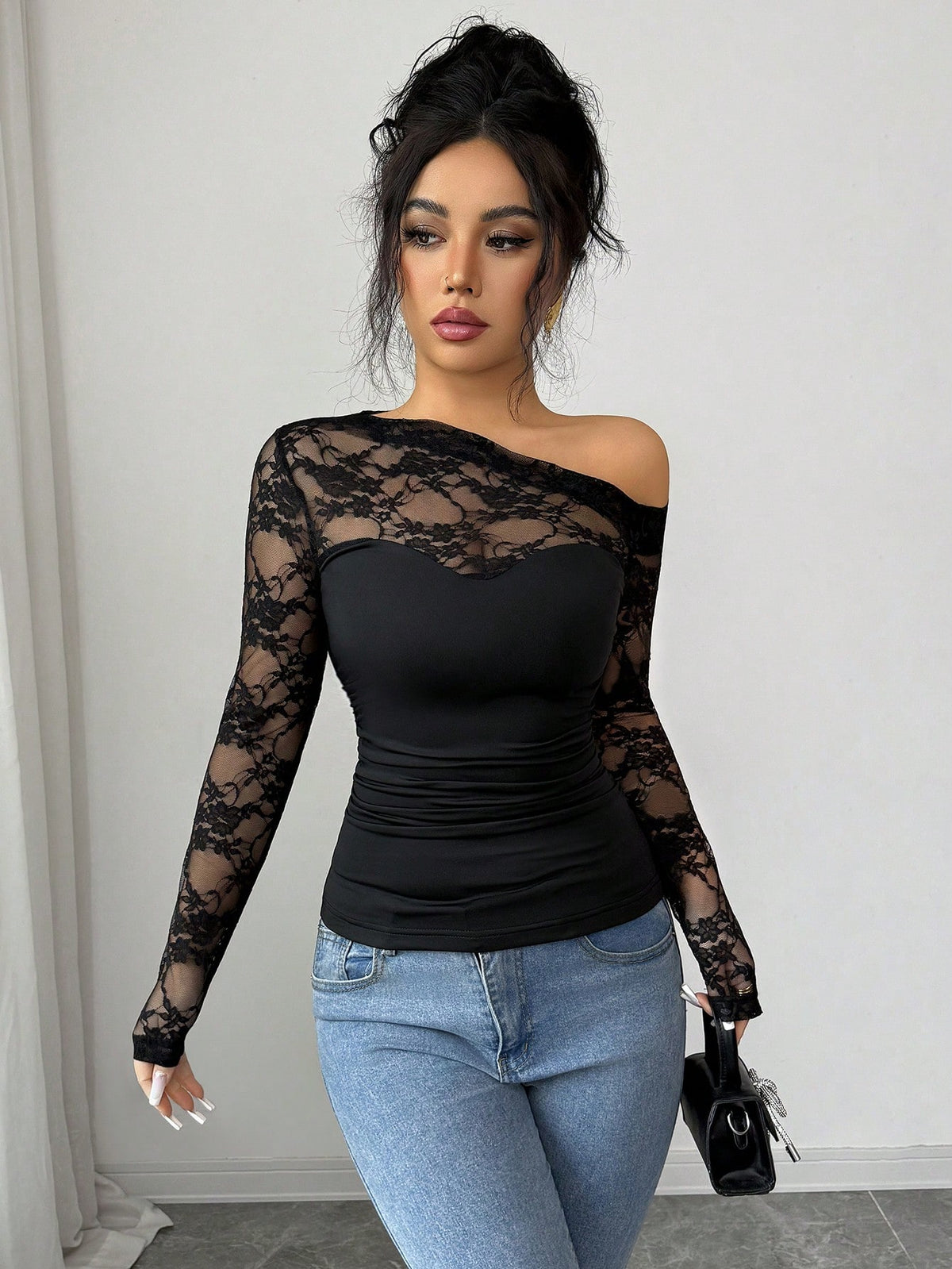 Rafferiza Women Summer Elegant Black Floral Top, Lace Trim D Chest Long Sleeve T-Shirt,Fitted Waist Chic Club Night Autumn,Casual Business Attire