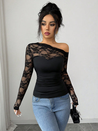 Rafferiza Women Summer Elegant Black Floral Top, Lace Trim D Chest Long Sleeve T-Shirt,Fitted Waist Chic Club Night Autumn,Casual Business Attire