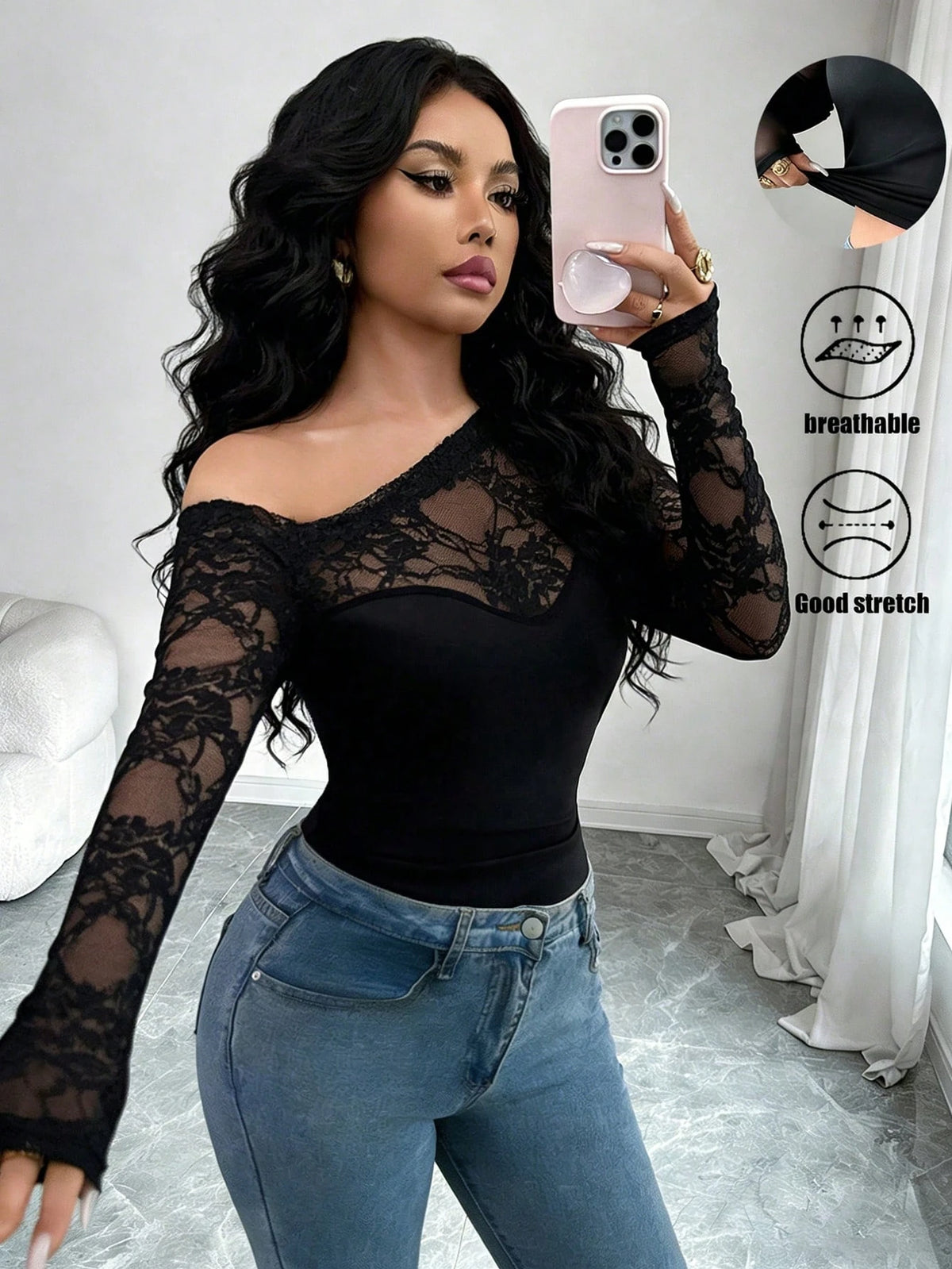 Rafferiza Women Summer Elegant Black Floral Top, Lace Trim D Chest Long Sleeve T-Shirt,Fitted Waist Chic Club Night Autumn,Casual Business Attire