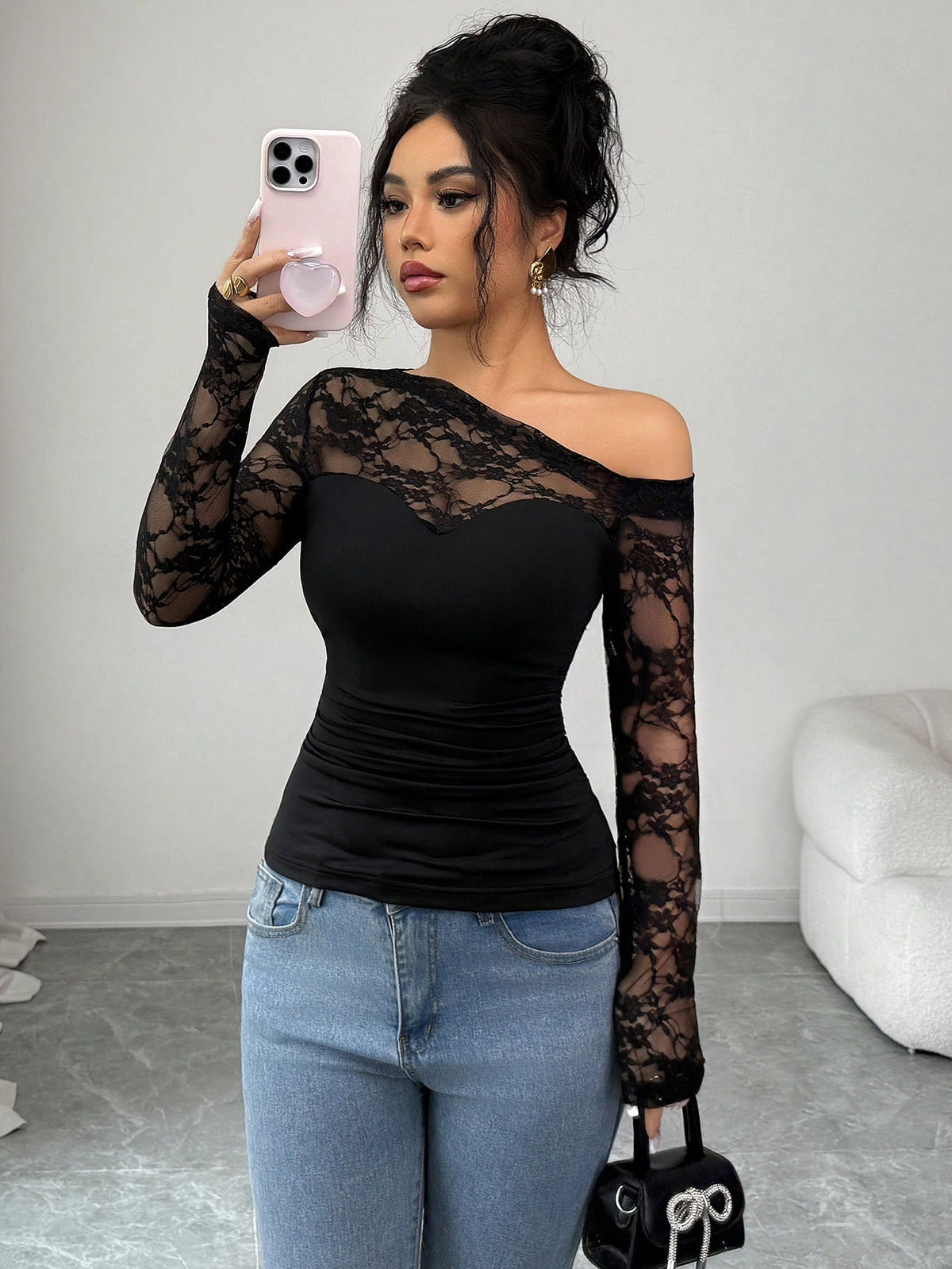 Rafferiza Women Summer Elegant Black Floral Top, Lace Trim D Chest Long Sleeve T-Shirt,Fitted Waist Chic Club Night Autumn,Casual Business Attire