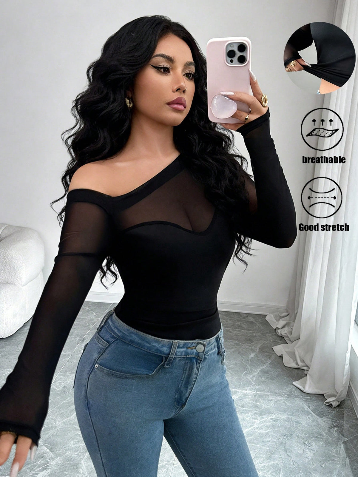 Rafferiza Women Summer Elegant Black Floral Top, Lace Trim D Chest Long Sleeve T-Shirt,Fitted Waist Chic Club Night Autumn,Casual Business Attire