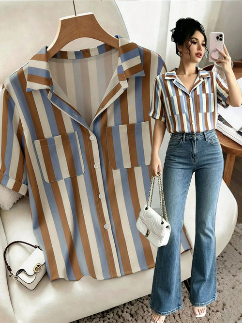Raffinéa French Elegant Style, Minimalist Fashion, Woven Fabric, POLO Collar, Pocket Design, Short Sleeve, Office, Student, Teacher, Party, Class Reunion, Travel, Summer Women's New Shirt