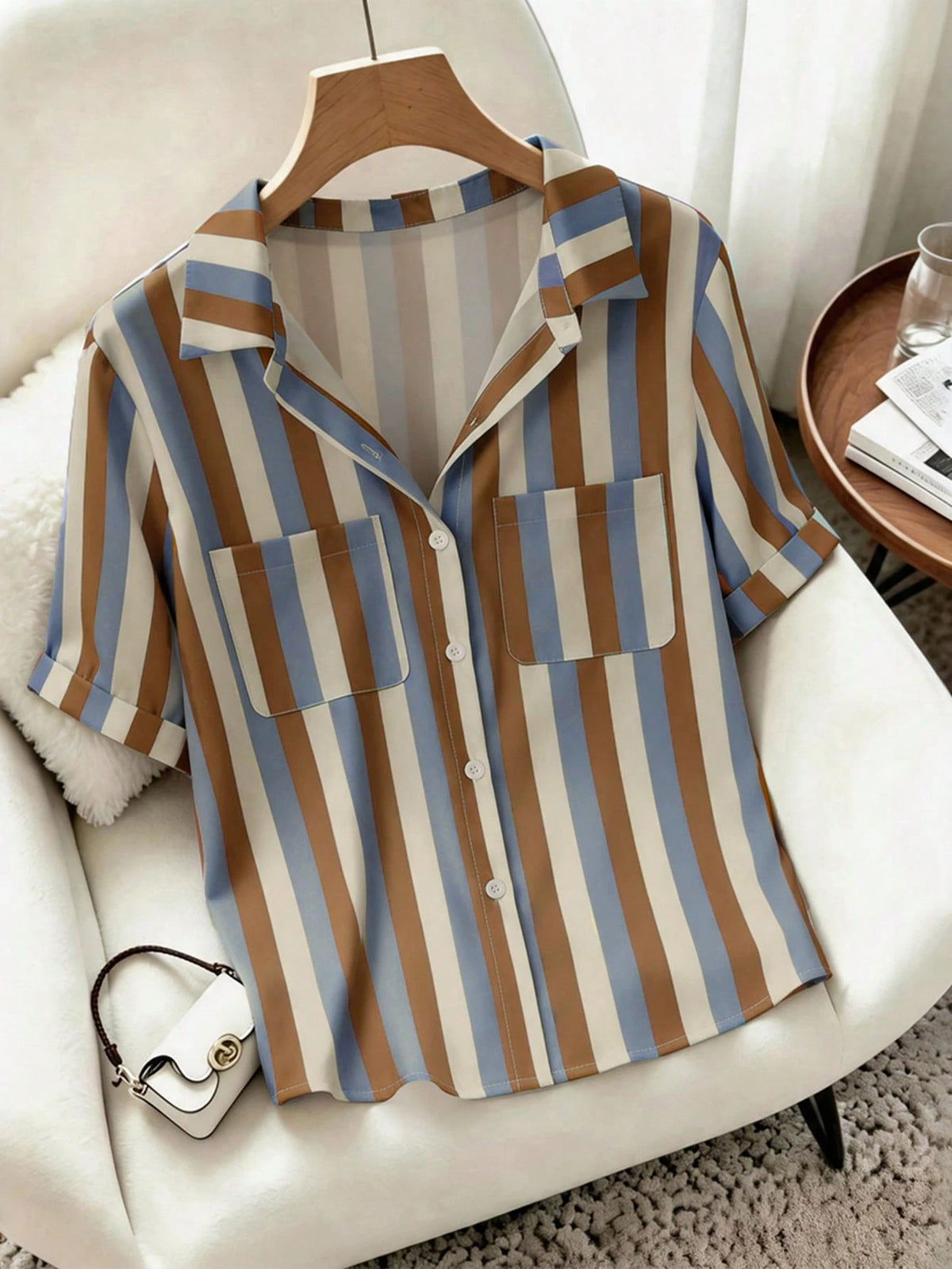Raffinéa French Elegant Style, Minimalist Fashion, Woven Fabric, POLO Collar, Pocket Design, Short Sleeve, Office, Student, Teacher, Party, Class Reunion, Travel, Summer Women's New Shirt