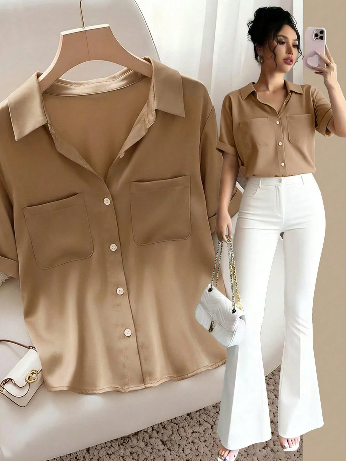 Raffinéa French Elegant Style, Minimalist Fashion, Woven Fabric, POLO Collar, Pocket Design, Short Sleeve, Office, Student, Teacher, Party, Class Reunion, Travel, Summer Women's New Shirt