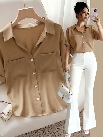 Raffinéa French Elegant Style, Minimalist Fashion, Woven Fabric, POLO Collar, Pocket Design, Short Sleeve, Office, Student, Teacher, Party, Class Reunion, Travel, Summer Women's New Shirt