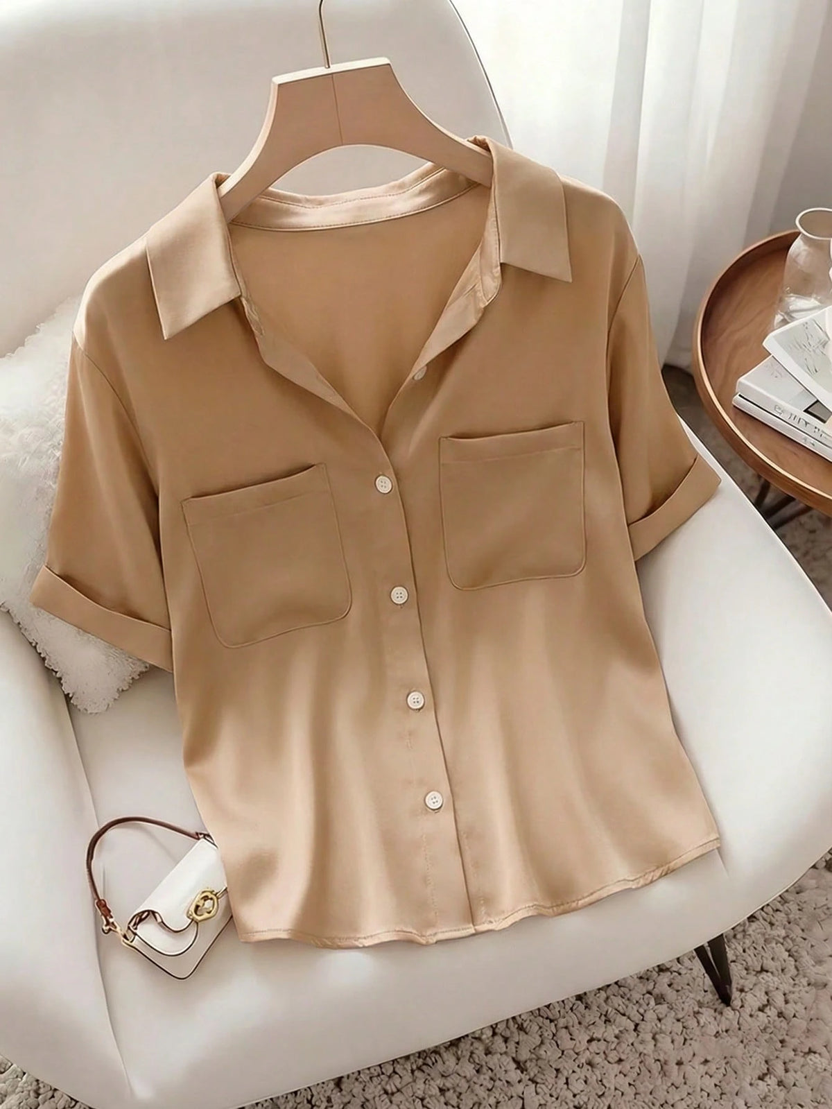 Raffinéa French Elegant Style, Minimalist Fashion, Woven Fabric, POLO Collar, Pocket Design, Short Sleeve, Office, Student, Teacher, Party, Class Reunion, Travel, Summer Women's New Shirt