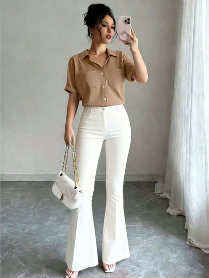 Raffinéa French Elegant Style, Minimalist Fashion, Woven Fabric, POLO Collar, Pocket Design, Short Sleeve, Office, Student, Teacher, Party, Class Reunion, Travel, Summer Women's New Shirt