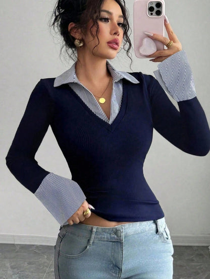 Raffinéa Women Summer Navy Blue White Stripe Contrast Polo Collar V-Neck Slim Top,Fall Winter Effortless Chic Back-To-School Office Old Money Long Bell Sleeve