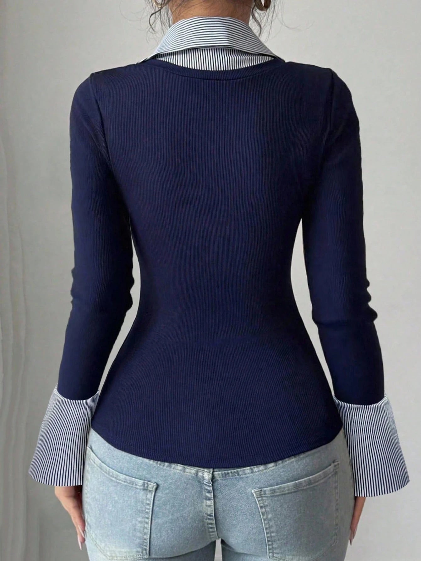 Raffinéa Women Summer Navy Blue White Stripe Contrast Polo Collar V-Neck Slim Top,Fall Winter Effortless Chic Back-To-School Office Old Money Long Bell Sleeve