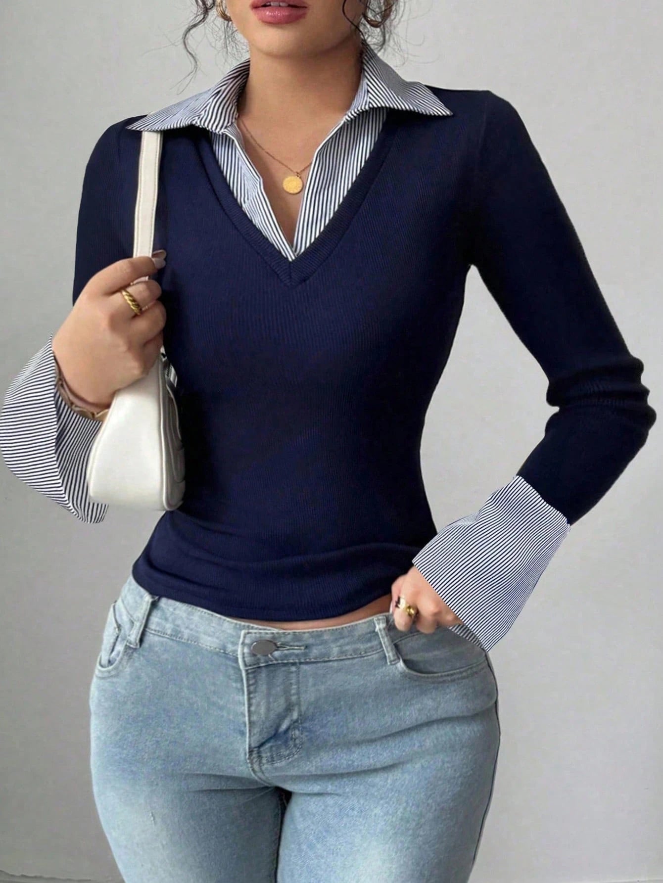 Raffinéa Women Summer Navy Blue White Stripe Contrast Polo Collar V-Neck Slim Top,Fall Winter Effortless Chic Back-To-School Office Old Money Long Bell Sleeve