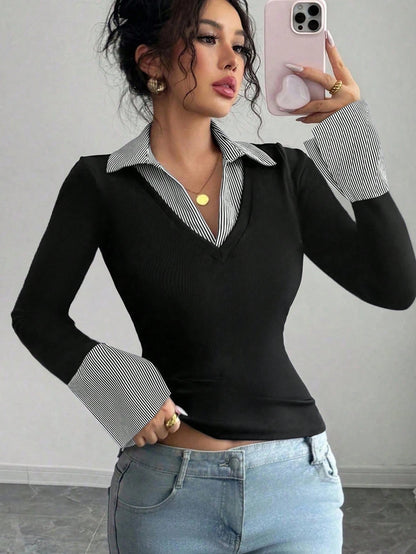 Raffinéa Women Summer Navy Blue White Stripe Contrast Polo Collar V-Neck Slim Top,Fall Winter Effortless Chic Back-To-School Office Old Money Long Bell Sleeve
