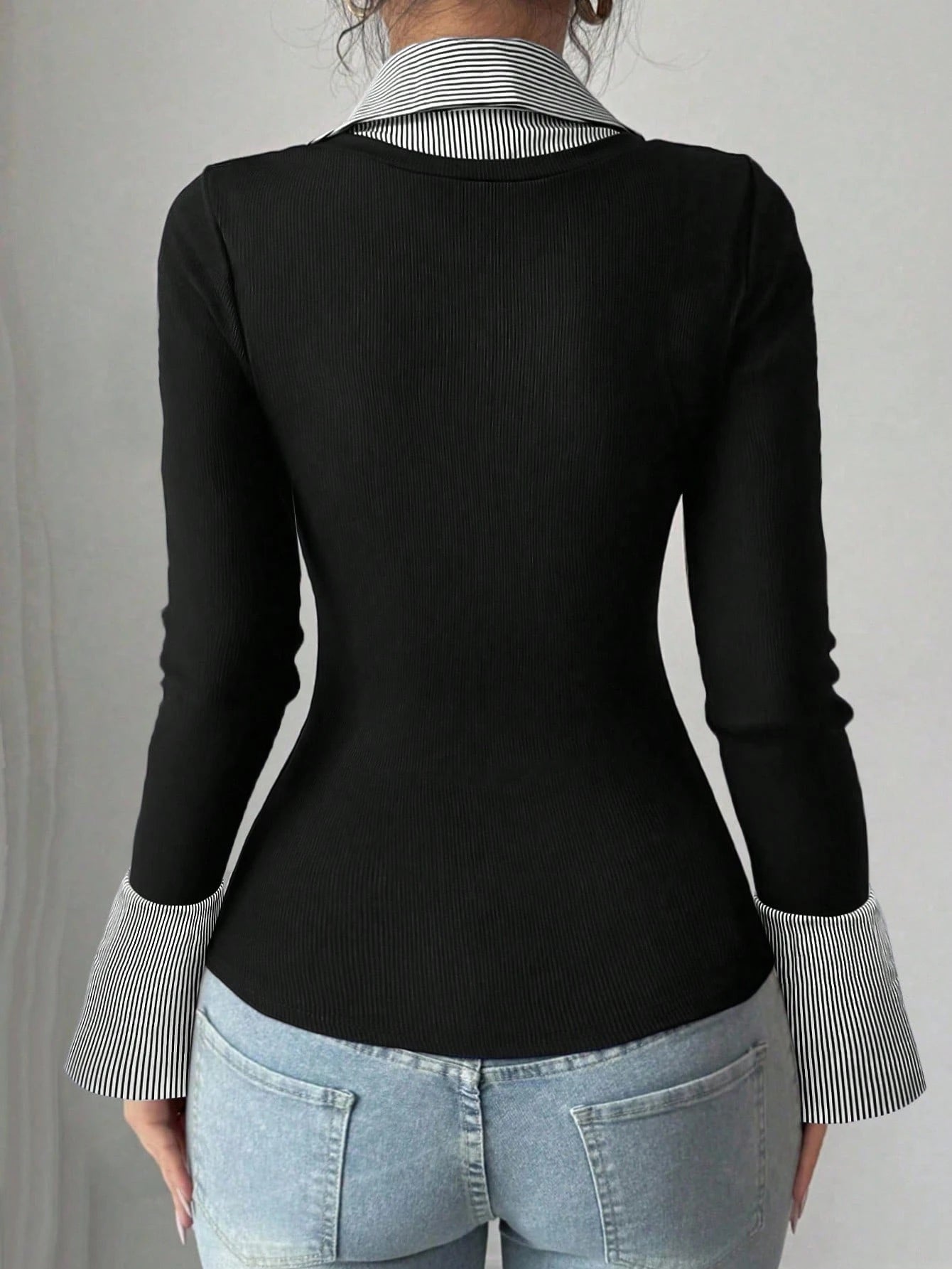 Raffinéa Women Summer Navy Blue White Stripe Contrast Polo Collar V-Neck Slim Top,Fall Winter Effortless Chic Back-To-School Office Old Money Long Bell Sleeve