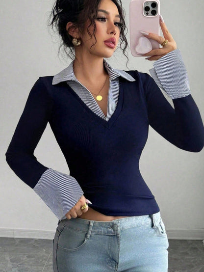 Raffinéa Women Summer Navy Blue White Stripe Contrast Polo Collar V-Neck Slim Top,Fall Winter Effortless Chic Back-To-School Office Old Money Long Bell Sleeve