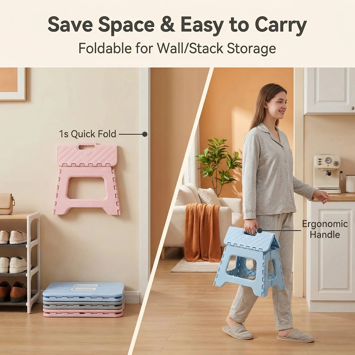 RAINWHISPER One Folding Step Stool, 310 Lbs Capacity, Suitable For Kitchens, Bathrooms, And Outdoor Spaces. Portable Folding Step Stool – Non-Slip Surface, Easy To Fold And Carry, Sturdy (PP) Polyprop