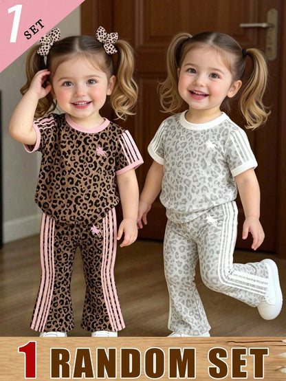 (Random 2 Sets, Send 1 Set)Baby Girl Fashion Personalized Leopard Print Knight Horse Pattern Striped Print Basic Short T-Shirt & Flared Long Pants Set