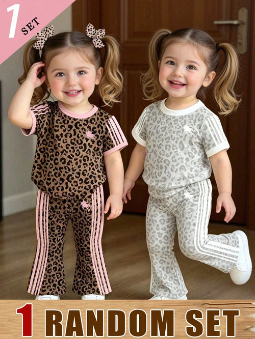 (Random 2 Sets, Send 1 Set)Baby Girl Fashion Personalized Leopard Print Knight Horse Pattern Striped Print Basic Short T-Shirt & Flared Long Pants Set