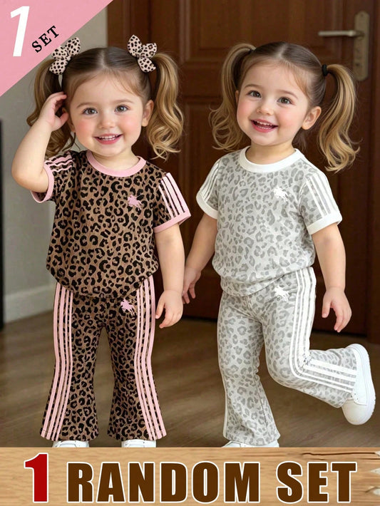 (Random 2 Sets, Send 1 Set)Baby Girl Fashion Personalized Leopard Print Knight Horse Pattern Striped Print Basic Short T-Shirt & Flared Long Pants Set