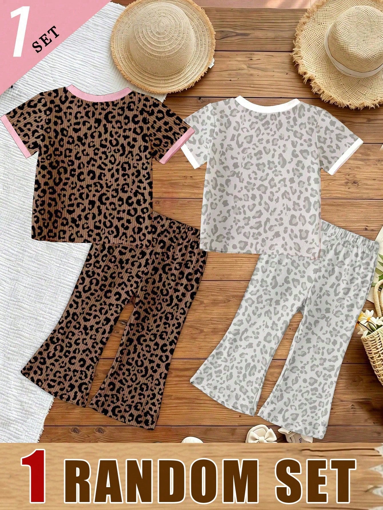 (Random 2 Sets, Send 1 Set)Baby Girl Fashion Personalized Leopard Print Knight Horse Pattern Striped Print Basic Short T-Shirt & Flared Long Pants Set