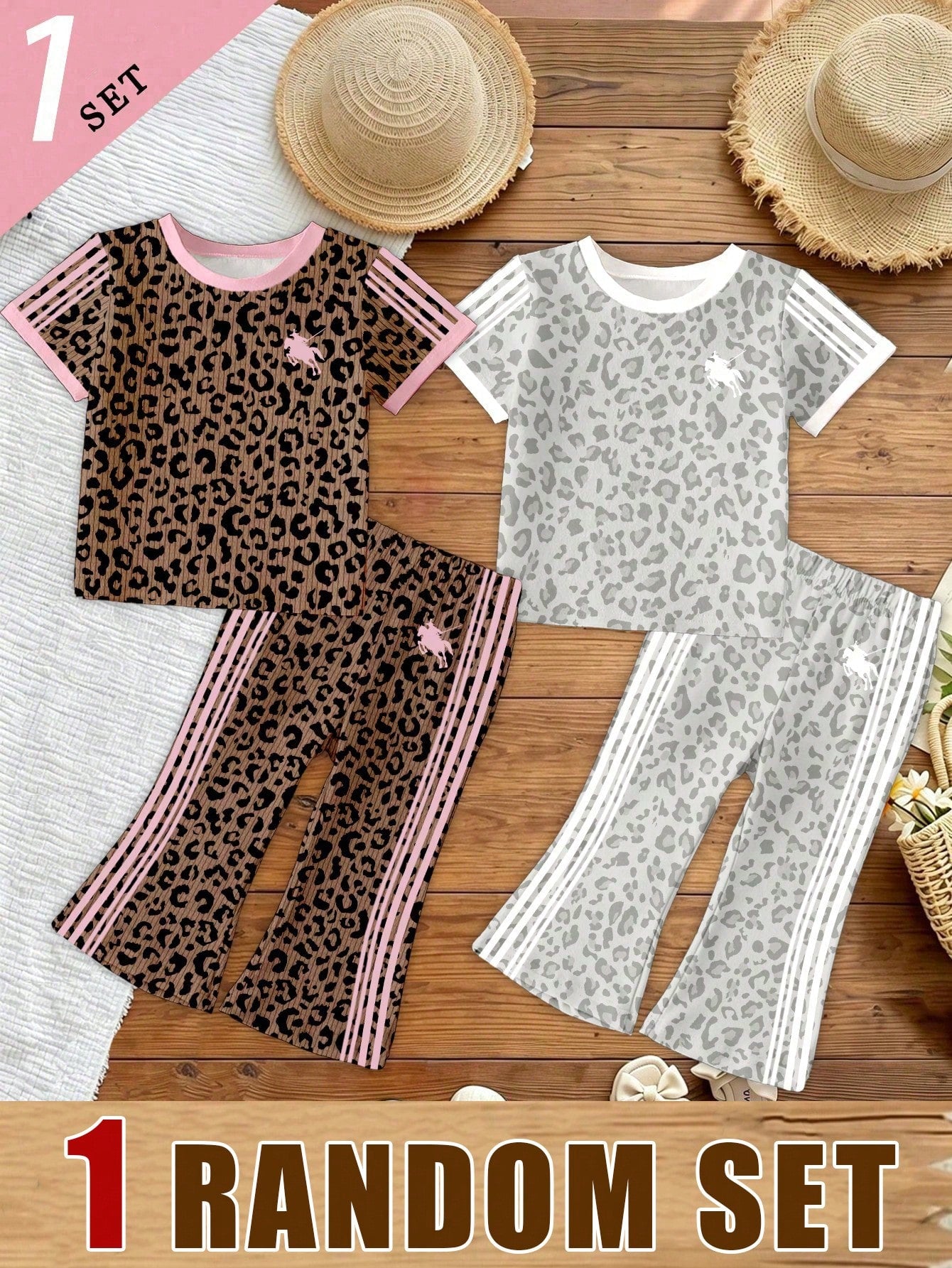 (Random 2 Sets, Send 1 Set)Baby Girl Fashion Personalized Leopard Print Knight Horse Pattern Striped Print Basic Short T-Shirt & Flared Long Pants Set