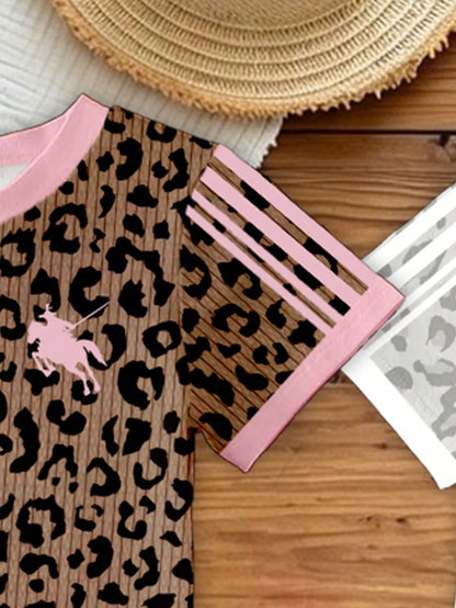 (Random 2 Sets, Send 1 Set)Baby Girl Fashion Personalized Leopard Print Knight Horse Pattern Striped Print Basic Short T-Shirt & Flared Long Pants Set