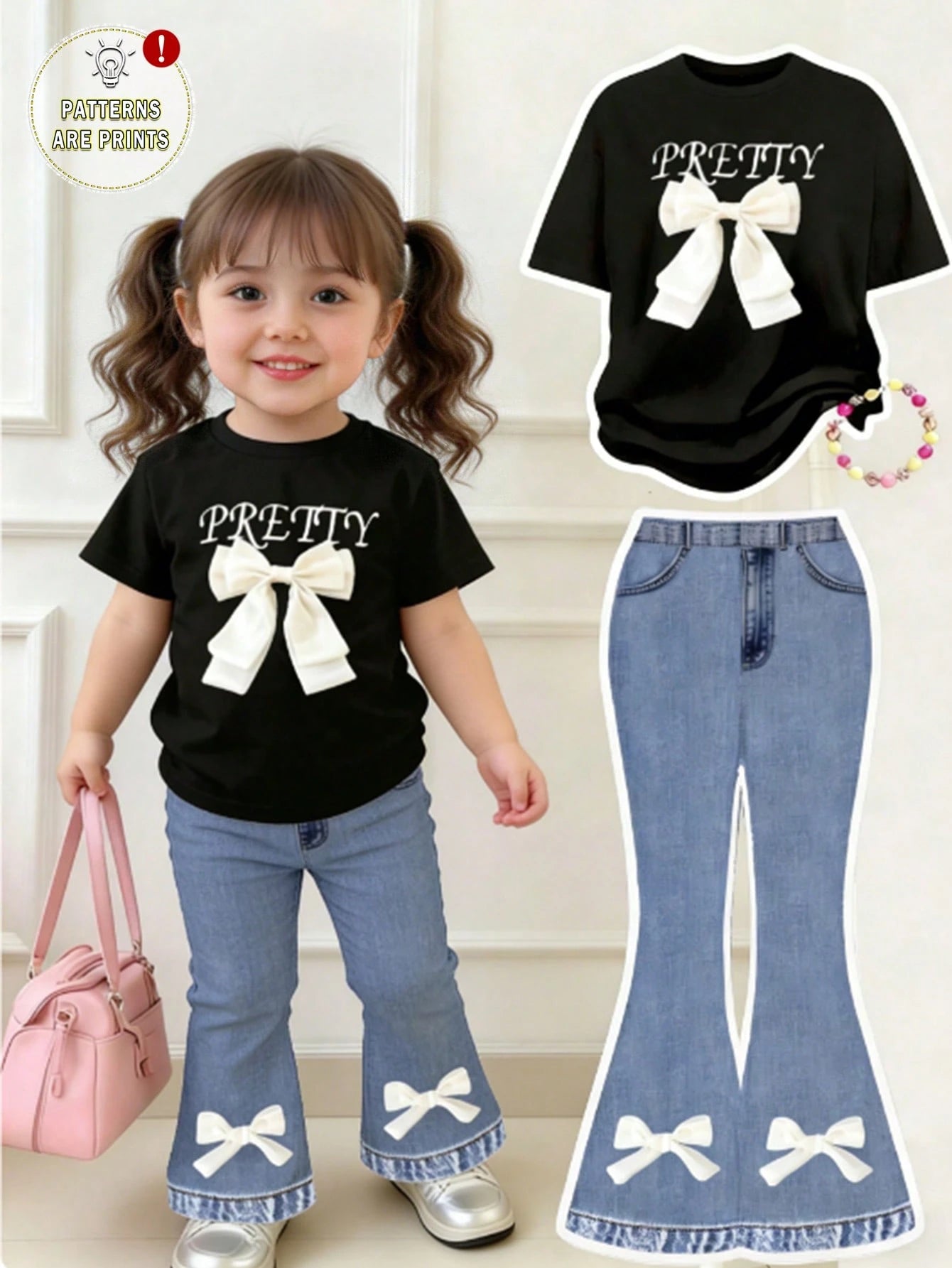 (Random 2 Sets, Send 1 Set)Baby Girl Fashion Personalized Leopard Print Knight Horse Pattern Striped Print Basic Short T-Shirt & Flared Long Pants Set
