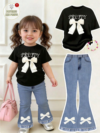 (Random 2 Sets, Send 1 Set)Baby Girl Fashion Personalized Leopard Print Knight Horse Pattern Striped Print Basic Short T-Shirt & Flared Long Pants Set