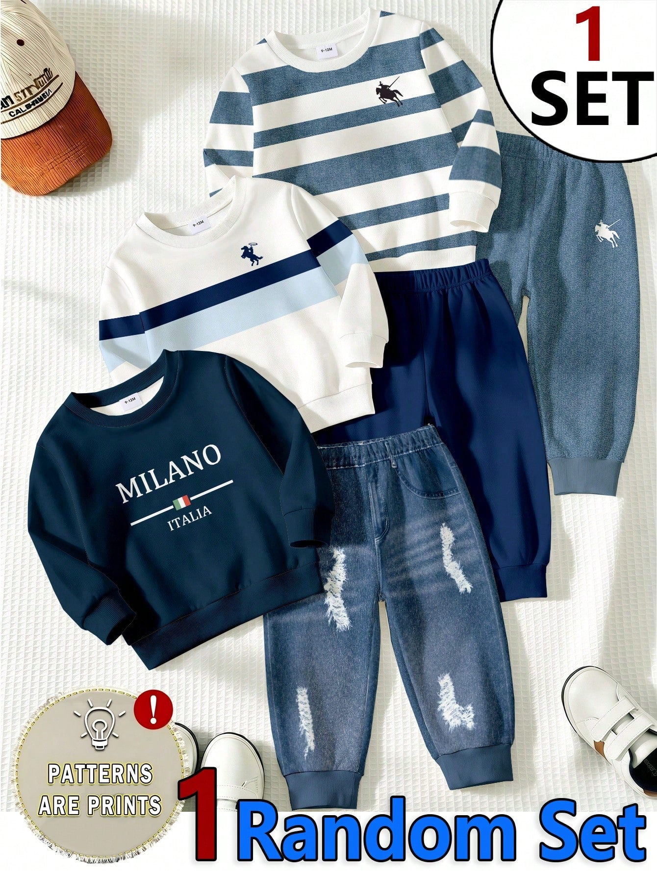 Random 3 Sets Get 1 Set Casual Logo Blue Striped Colorblock Print Crew Neck Long Sleeve Sweatshirt, Suitable For Autumn/Winter Outdoor Activities