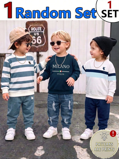 Random 3 Sets Get 1 Set Casual Logo Blue Striped Colorblock Print Crew Neck Long Sleeve Sweatshirt, Suitable For Autumn/Winter Outdoor Activities