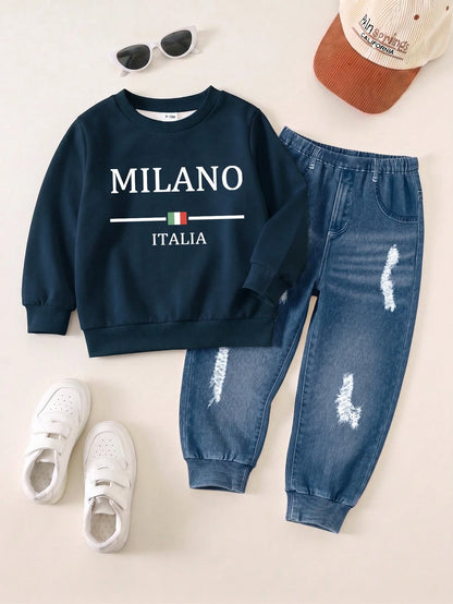 Random 3 Sets Get 1 Set Casual Logo Blue Striped Colorblock Print Crew Neck Long Sleeve Sweatshirt, Suitable For Autumn/Winter Outdoor Activities