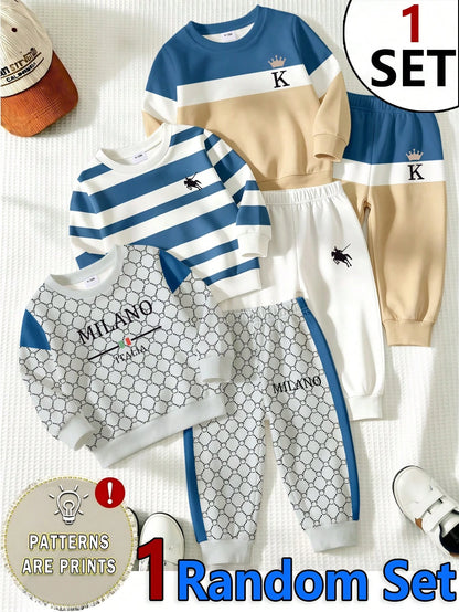 Random 3 Sets Get 1 Set Casual Logo Blue Striped Colorblock Print Crew Neck Long Sleeve Sweatshirt, Suitable For Autumn/Winter Outdoor Activities