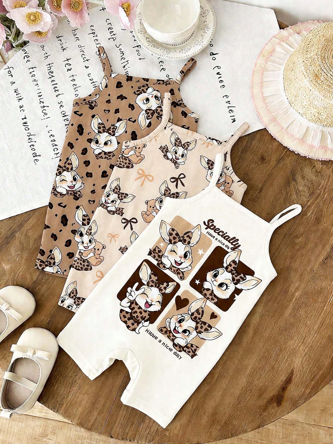 [RANDOM 4 PCS SEND 1 Pc]Baby Girls Beige Summer Casual Cute Family Matching Khaki Mallard Brown Leopard Bow Cartoon Rabbit Suspender Romper Outfits