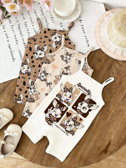 [RANDOM 4 PCS SEND 1 Pc]Baby Girls Beige Summer Casual Cute Family Matching Khaki Mallard Brown Leopard Bow Cartoon Rabbit Suspender Romper Outfits