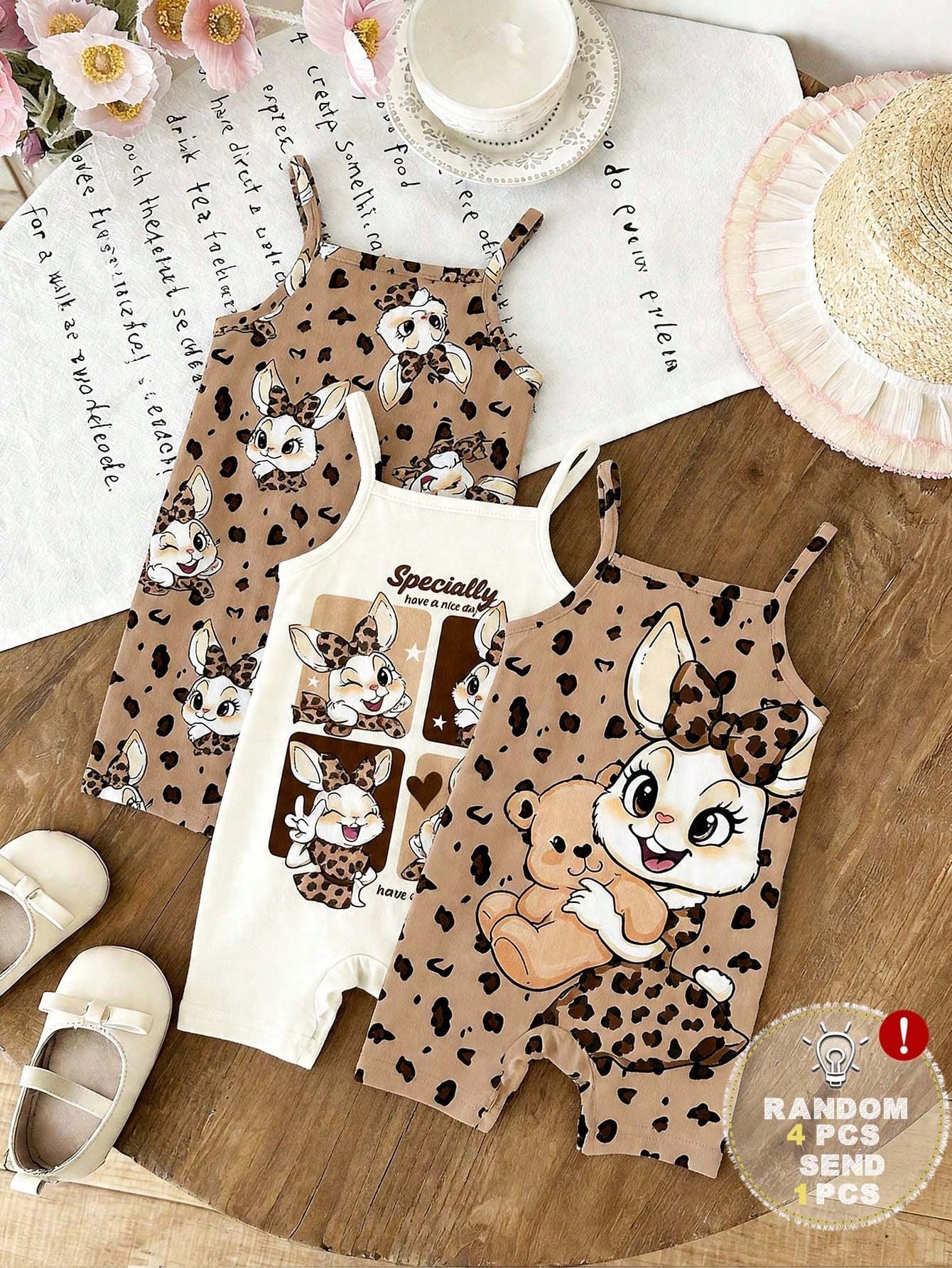[RANDOM 4 PCS SEND 1 Pc]Baby Girls Beige Summer Casual Cute Family Matching Khaki Mallard Brown Leopard Bow Cartoon Rabbit Suspender Romper Outfits
