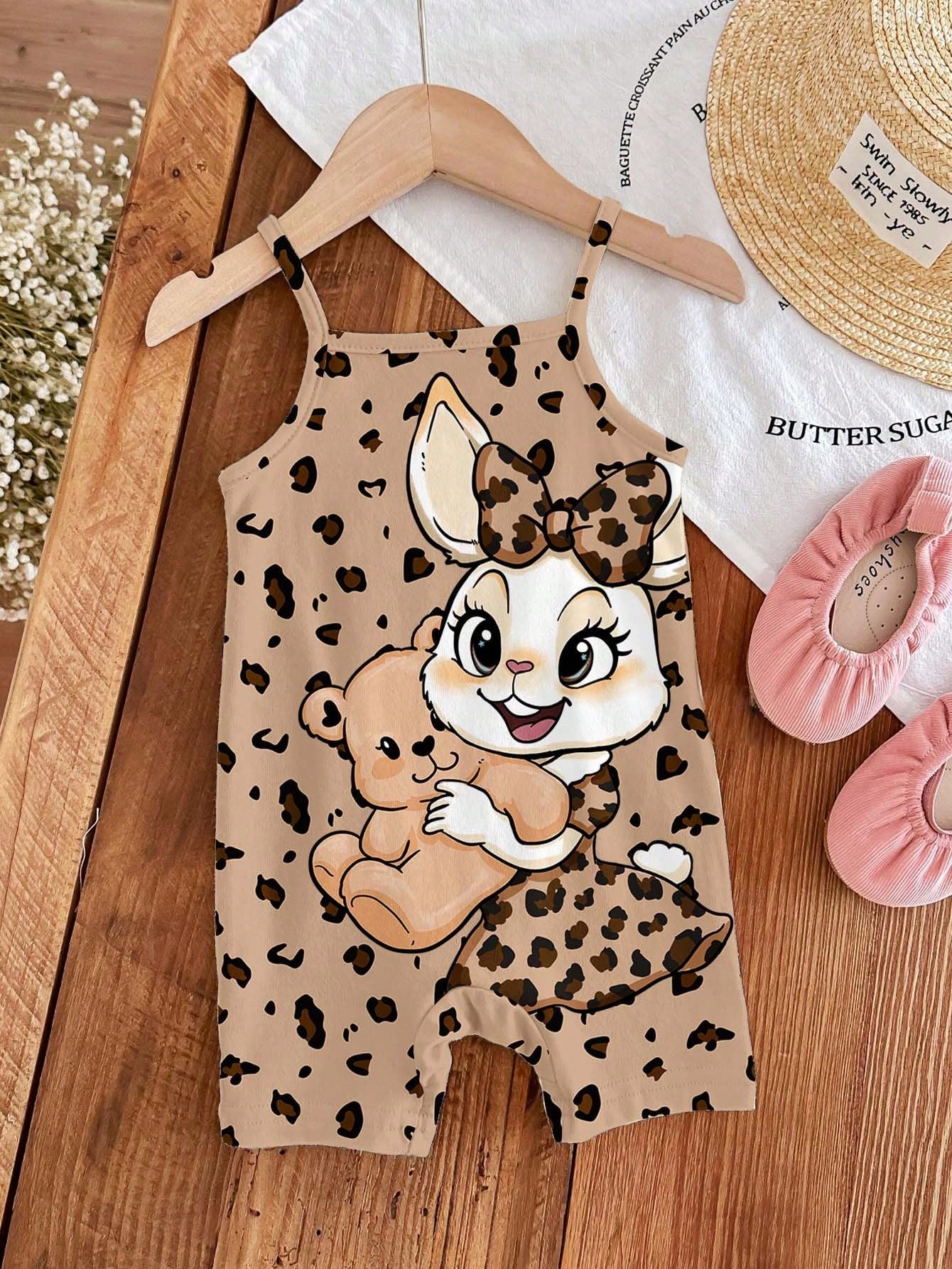 [RANDOM 4 PCS SEND 1 Pc]Baby Girls Beige Summer Casual Cute Family Matching Khaki Mallard Brown Leopard Bow Cartoon Rabbit Suspender Romper Outfits
